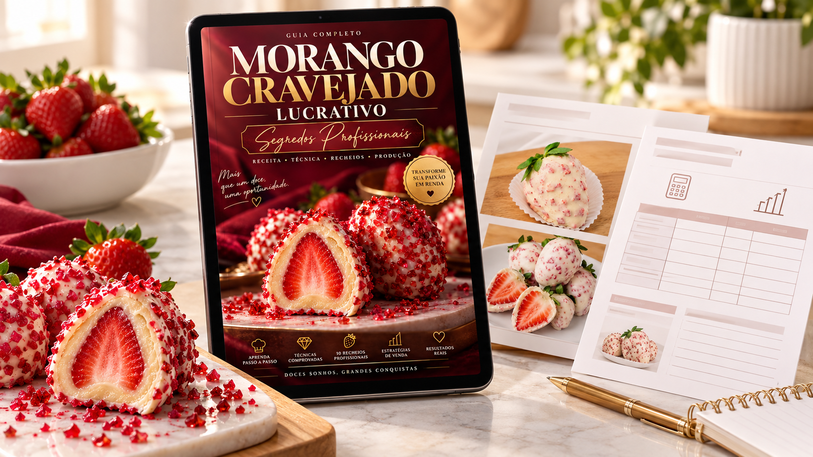 Ebook Morango Cravejado Lucrativo em tablet com cardápio e calculadora ao lado