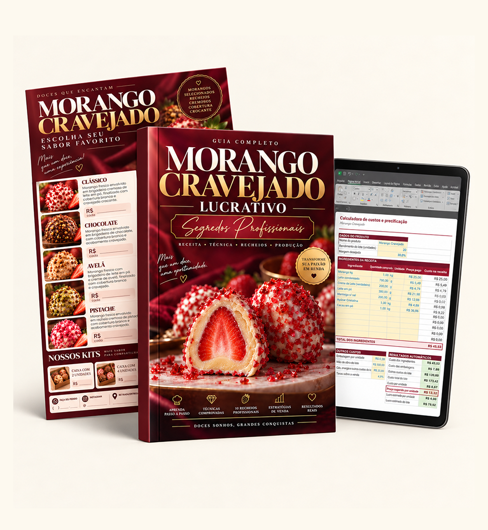 Ebook, cardápio editável e calculadora de custos do Morango Cravejado Lucrativo