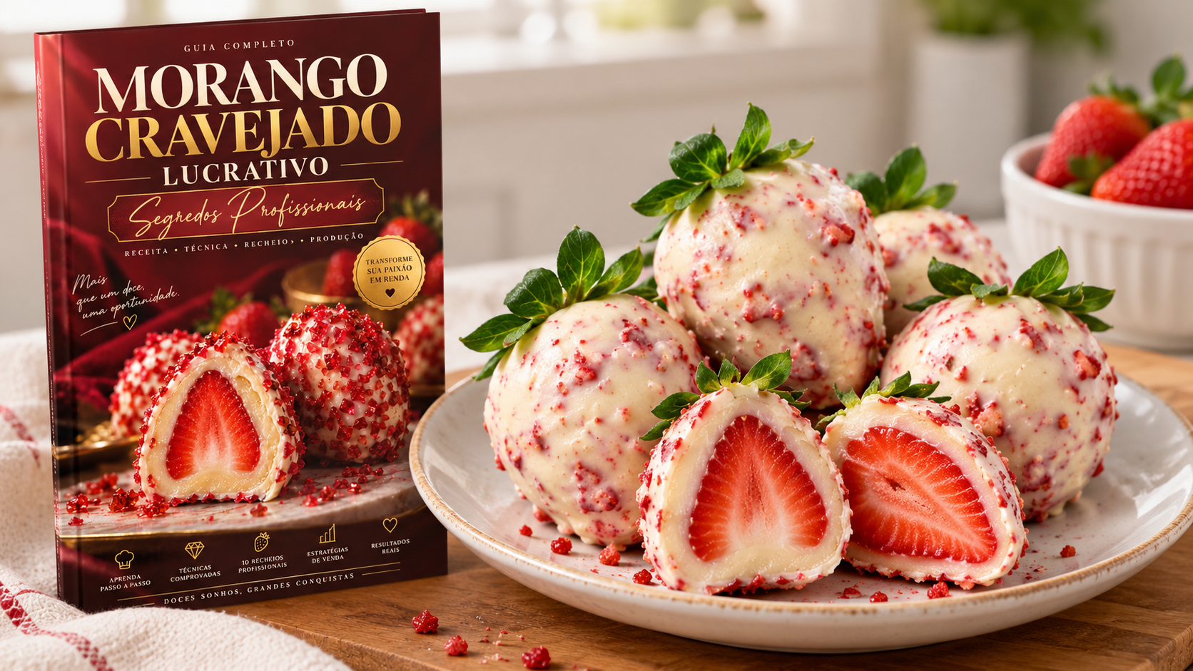 Ebook Morango Cravejado Lucrativo ao lado de morangos cravejados em um prato