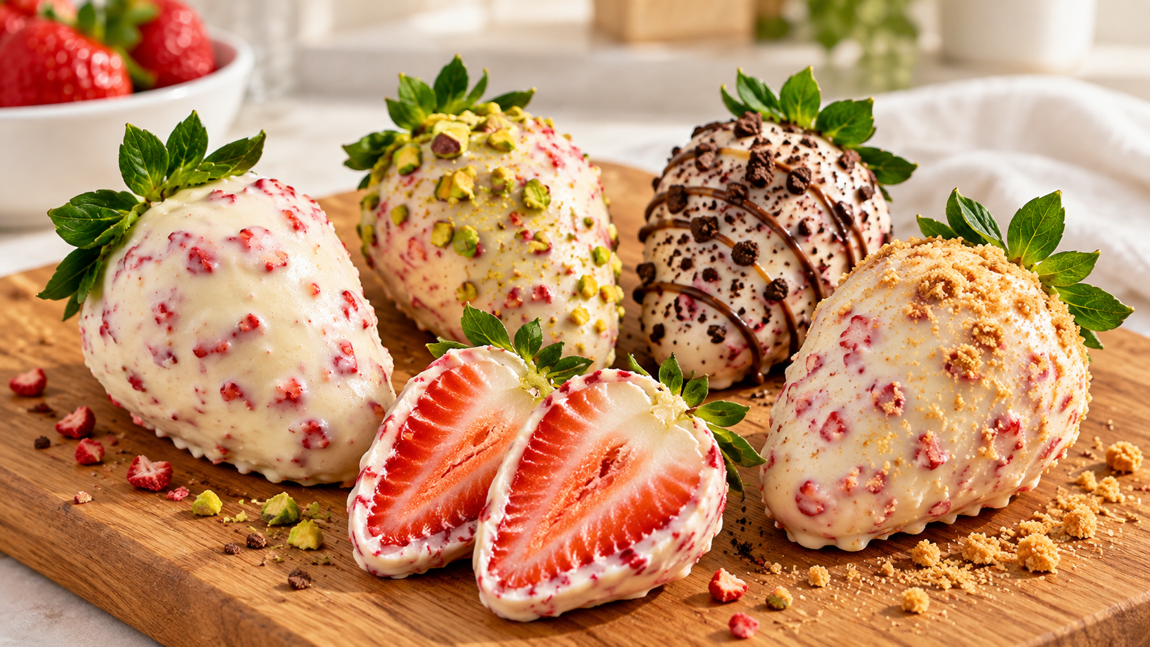Morangos cravejados de diferentes sabores sobre tábua de madeira